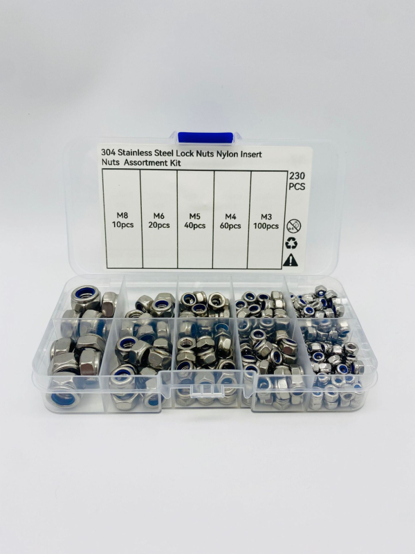 Nerūdijančio plieno nailoninių užraktų veržlių rinkinys, DIN980, klasė A, 210/230 vnt.