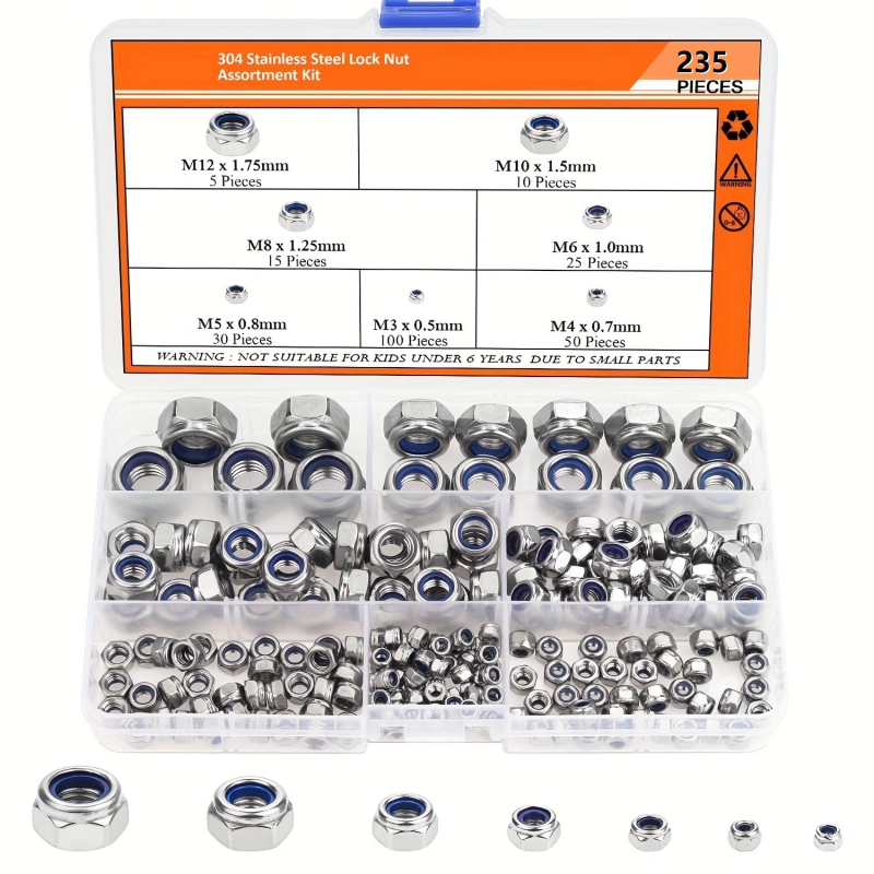 Nerūdijančio plieno nailoninių užraktų veržlių rinkinys, DIN980, klasė A, 210/230 vnt.