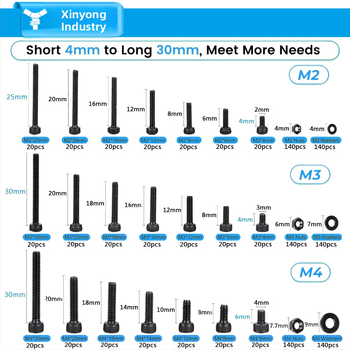 1260 τεμάχια βίδες από ανθρακούχο ατσάλι με μαύρο φινίρισμα DIN 912 Cup Head Hex Socket Head Cap Screws, 12.9 κατηγορία, σετ με παξούλια και επίπεδες ροδέλες