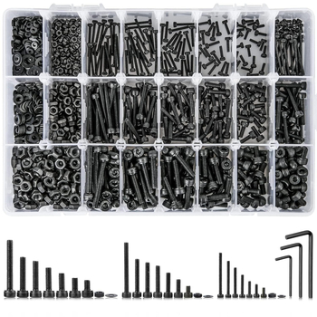 1260 τεμάχια βίδες από ανθρακούχο ατσάλι με μαύρο φινίρισμα DIN 912 Cup Head Hex Socket Head Cap Screws, 12.9 κατηγορία, σετ με παξούλια και επίπεδες ροδέλες