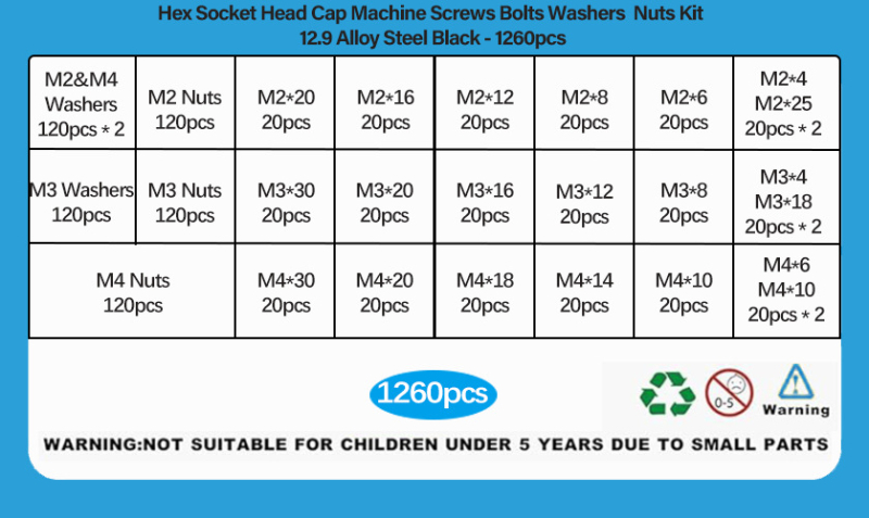 1260 τεμάχια βίδες από ανθρακούχο ατσάλι με μαύρο φινίρισμα DIN 912 Cup Head Hex Socket Head Cap Screws, 12.9 κατηγορία, σετ με παξούλια και επίπεδες ροδέλες