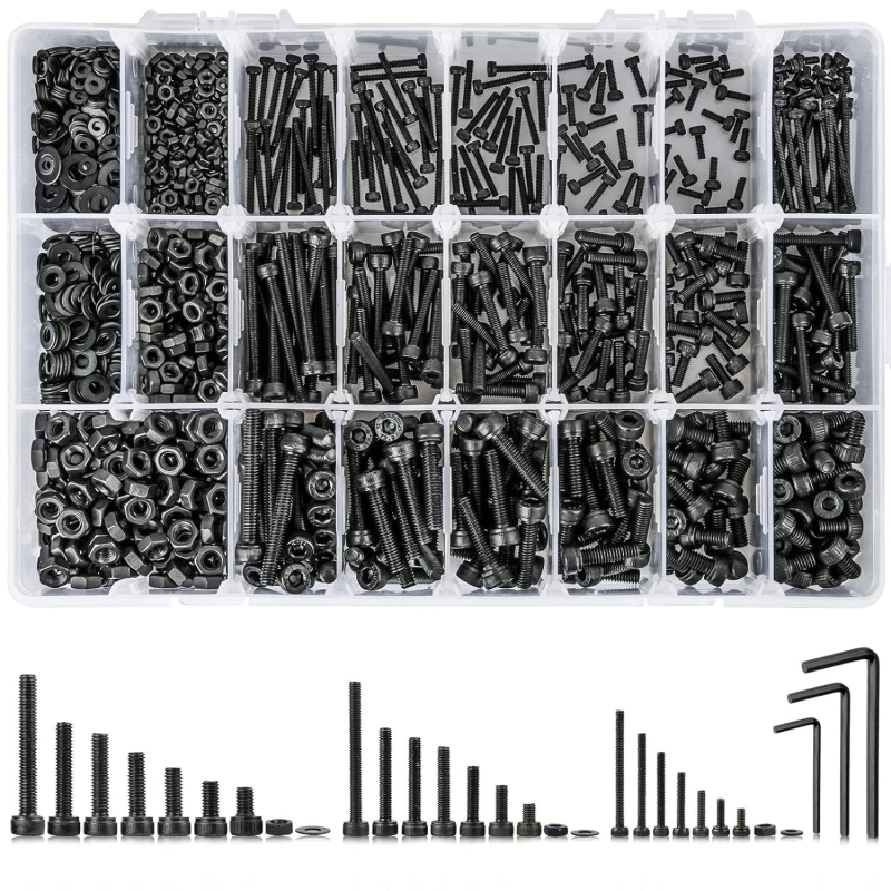 1260 τεμάχια βίδες από ανθρακούχο ατσάλι με μαύρο φινίρισμα DIN 912 Cup Head Hex Socket Head Cap Screws, 12.9 κατηγορία, σετ με παξούλια και επίπεδες ροδέλες