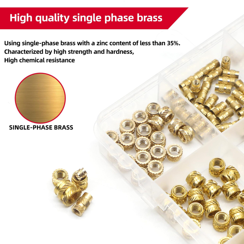 Vario veržlės su plastinėmis įdėklomis, 428 vnt dėžutėje, M2–M5 sriegiai, GB810 standartas, Klasė A