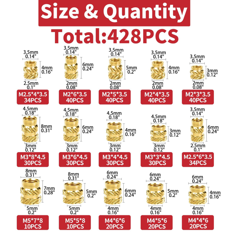 Vario veržlės su plastinėmis įdėklomis, 428 vnt dėžutėje, M2–M5 sriegiai, GB810 standartas, Klasė A