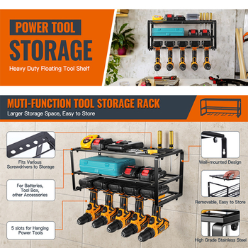 Ράφι τοίχου αποθήκευσης ηλεκτροεργαλείων - 3 επίπεδα από ανθρακούχο χάλυβα, πολυχρηστικό, εγκατάσταση με βίδες