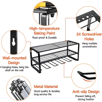 Ράφι τοίχου αποθήκευσης ηλεκτροεργαλείων - 3 επίπεδα από ανθρακούχο χάλυβα, πολυχρηστικό, εγκατάσταση με βίδες