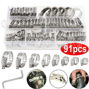 Set stezaljki za crijeva od nehrđajućeg čelika, nominalni promjeri 8–12, 10–16, 13–19 i 16–25 mm; pogodno za vodovodne i plinske cijevi te druge pričvrsne namjene.