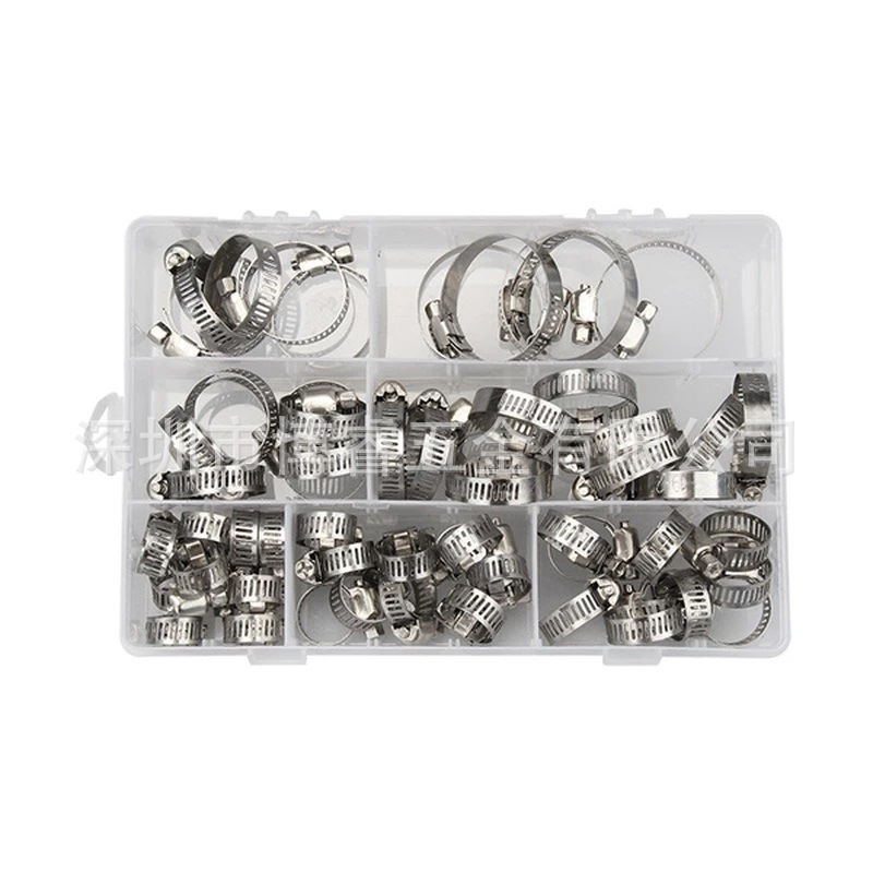 Set stezaljki za crijeva od nehrđajućeg čelika, nominalni promjeri 8–12, 10–16, 13–19 i 16–25 mm; pogodno za vodovodne i plinske cijevi te druge pričvrsne namjene.