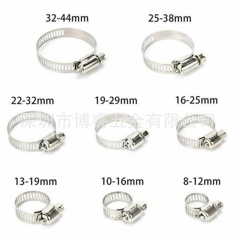 Set stezaljki za crijeva od nehrđajućeg čelika, nominalni promjeri 8–12, 10–16, 13–19 i 16–25 mm; pogodno za vodovodne i plinske cijevi te druge pričvrsne namjene.