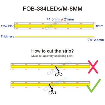 COB LED juosta, 384 LED, CRI 90, Įvestis 12–24V, 12 W/m, 180° šviesos spindulys