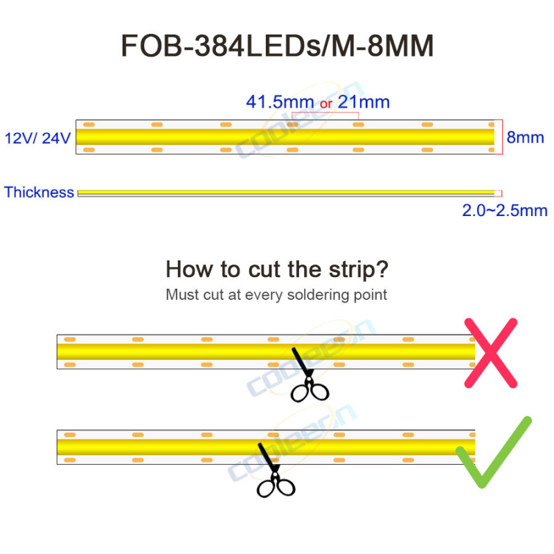 COB LED juosta, 384 LED, CRI 90, Įvestis 12–24V, 12 W/m, 180° šviesos spindulys