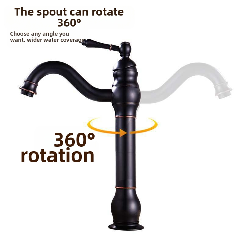 Европейски античен бронзов кран за мивка, 360° въртене, гореща и студена вода, медно тяло, керамичен клапан