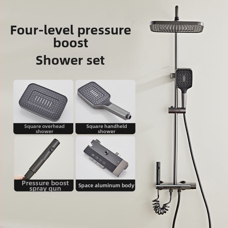 Space Aluminum dušo komplektas su skaitmeniniu ekranu, LED apšvietimu ir lietaus funkcija; paslėptas montavimas, kvadratinė dušo galvutė, model HS03030201Q