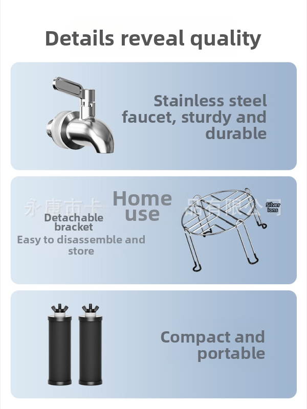 Darbvirsmas gravitācijas ūdens attīrītājs, nerūsējošā tērauda, portatīvs (modeļa k8626, svars 3 kg, piemērots 3–5 cilvēkiem)