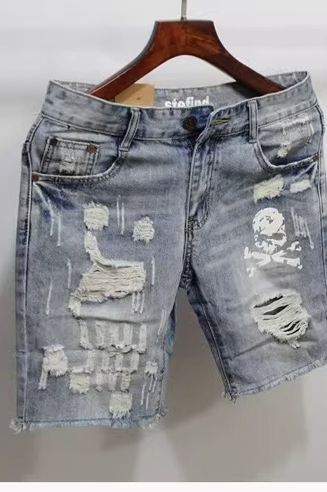 Дънкови мъжки шорти със звезден принт, летни леки деним-шорти, памук в състава, корейски стил, прав силует