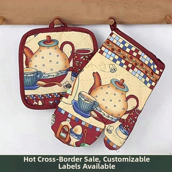 Σετ δύο τεμαχίων φούρνου μικροκυμάτων από πολυεστέρα-βαμβάκι, με θερμοανθεκτικά γάντια φούρνου και σουπλά, με προσαρμόσιμο πατροπαράδοτο σχέδιο