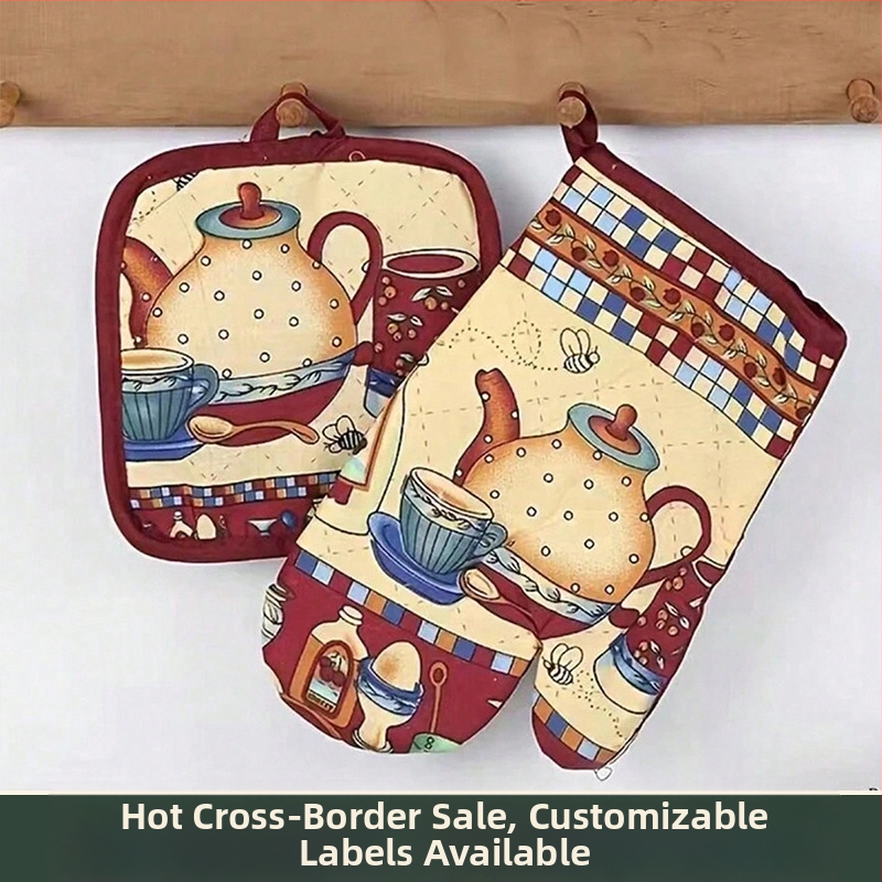 Σετ δύο τεμαχίων φούρνου μικροκυμάτων από πολυεστέρα-βαμβάκι, με θερμοανθεκτικά γάντια φούρνου και σουπλά, με προσαρμόσιμο πατροπαράδοτο σχέδιο