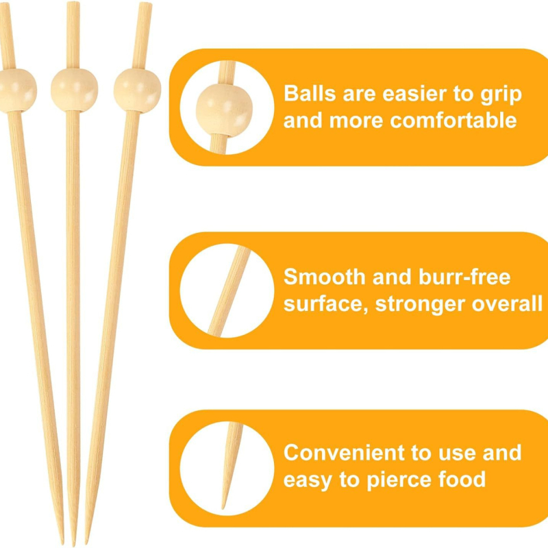 Vienkartiniai bambukiniai vaisių iešmeliai, 1.8 mm storio, 100 vnt./pakuotė, biologiškai skaidūs; tinka vaisiams, duonai, kokteiliams ir burgeriams; pritaikomi