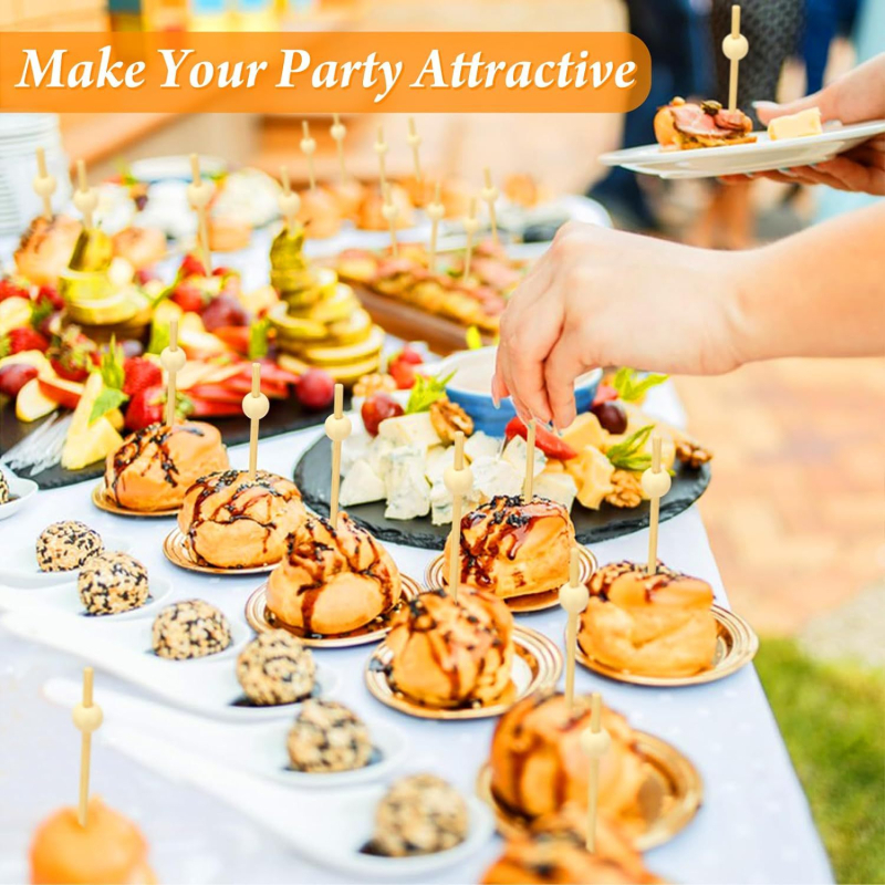 Vienkartiniai bambukiniai vaisių iešmeliai, 1.8 mm storio, 100 vnt./pakuotė, biologiškai skaidūs; tinka vaisiams, duonai, kokteiliams ir burgeriams; pritaikomi