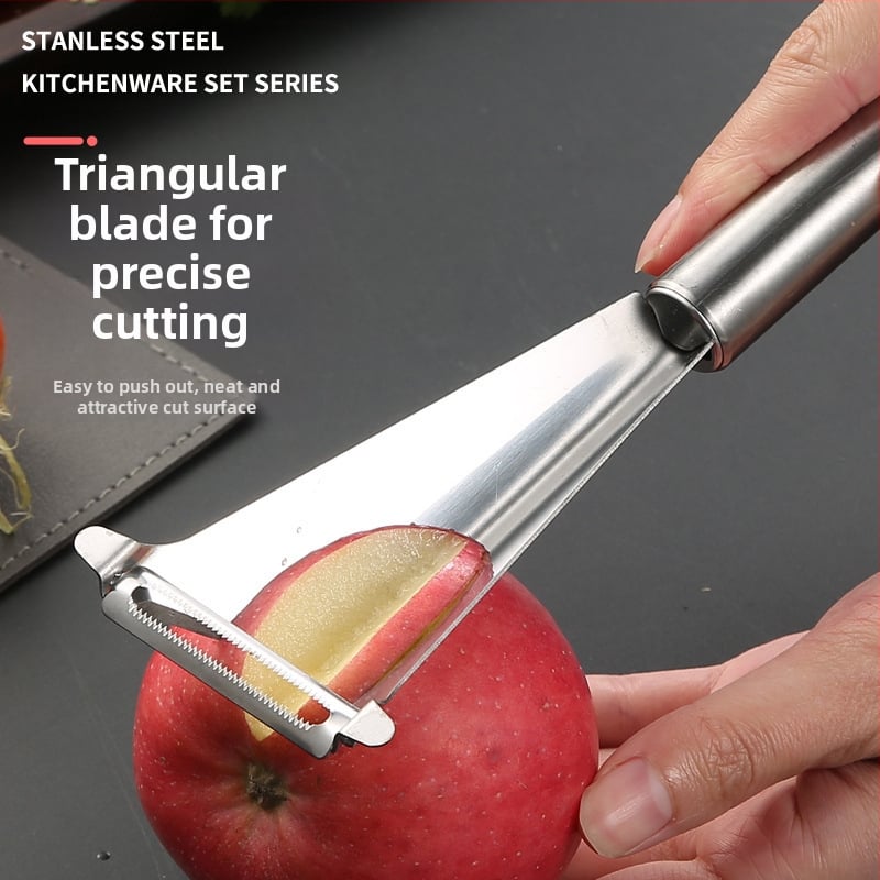 Trys viename vaisių ruošimo įrankis: nulupti, supjaustyti ir raižyti peiliu – nerūdijantis plienas, pritaikomas, su įspaustu logotipu, licencijuotas privatinis ženklas