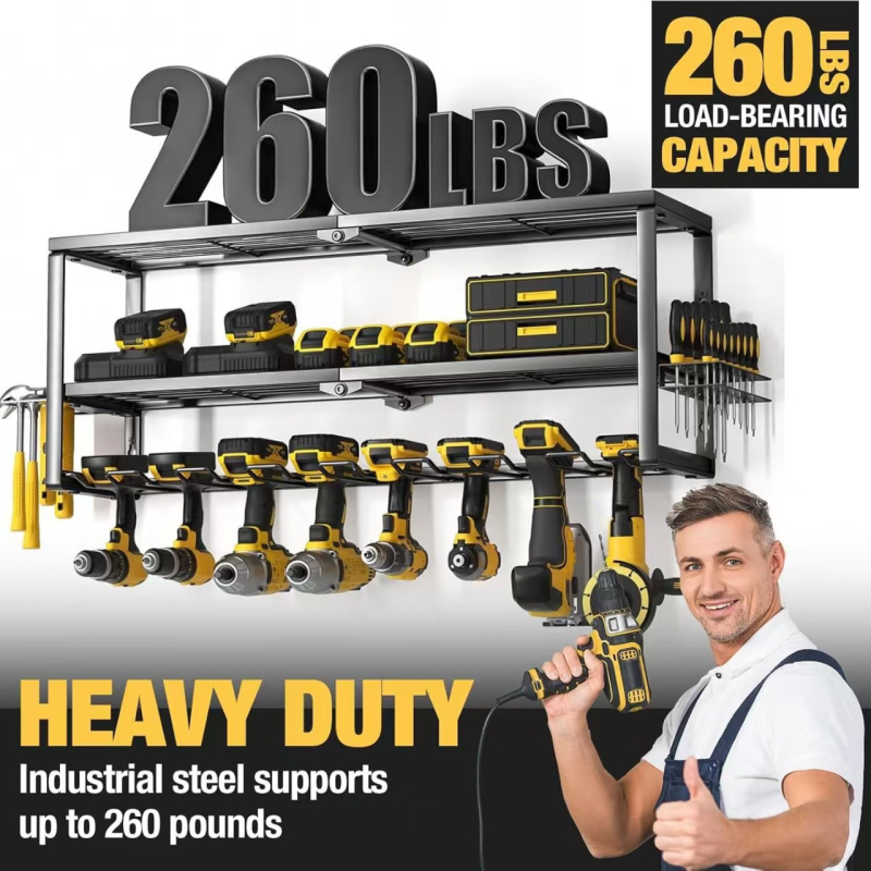 KK Μοντέλο 9, 3‑επίπεδο μεταλλικό τοίχο-ραφι για αποθήκευση ηλεκτροεργαλείων, για γκαράζ, κατασκευασμένο σύμφωνα με τα σχέδια
