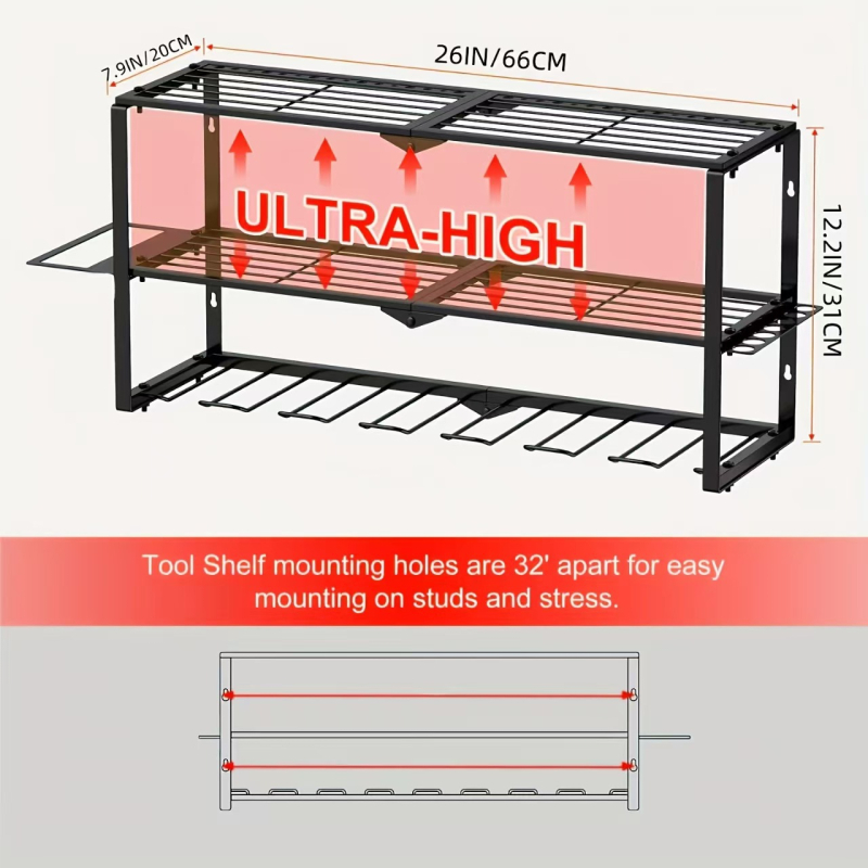 KK Μοντέλο 9, 3‑επίπεδο μεταλλικό τοίχο-ραφι για αποθήκευση ηλεκτροεργαλείων, για γκαράζ, κατασκευασμένο σύμφωνα με τα σχέδια