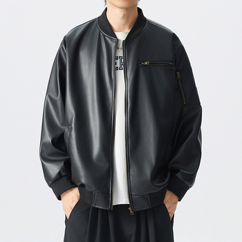 Vīriešu PU ādas jaka – brīvā piegriezuma, baseball apkakle, rāvējslēdzējs, sānu kabatas