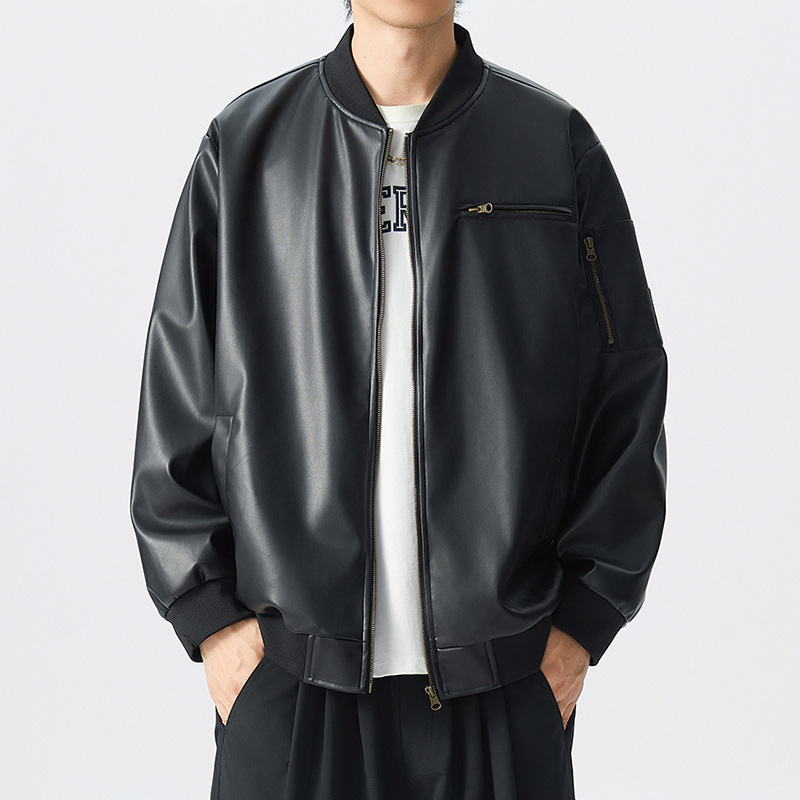 Vīriešu PU ādas jaka – brīvā piegriezuma, baseball apkakle, rāvējslēdzējs, sānu kabatas
