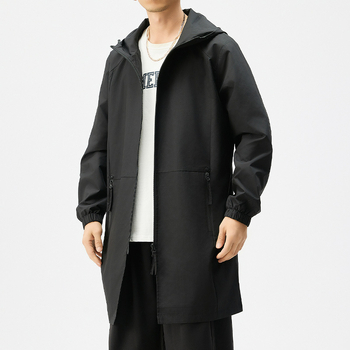 Ανδρικό windbreaker, στυλ μετακίνησης, με κουκούλα, φερμουάρ, φαρδιά γραμμή, μεσαίο μήκος