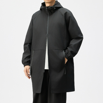 Ανδρικό windbreaker, στυλ μετακίνησης, με κουκούλα, φερμουάρ, φαρδιά γραμμή, μεσαίο μήκος