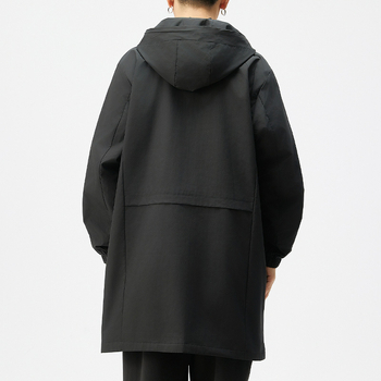 Ανδρικό windbreaker, στυλ μετακίνησης, με κουκούλα, φερμουάρ, φαρδιά γραμμή, μεσαίο μήκος