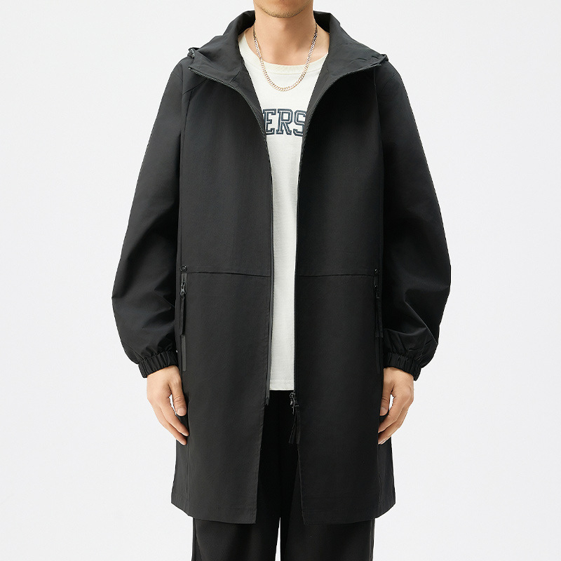 Jachetă windbreaker pentru bărbați, stil commuting, cu glugă, fermoar, croială lejeră, lungime medie