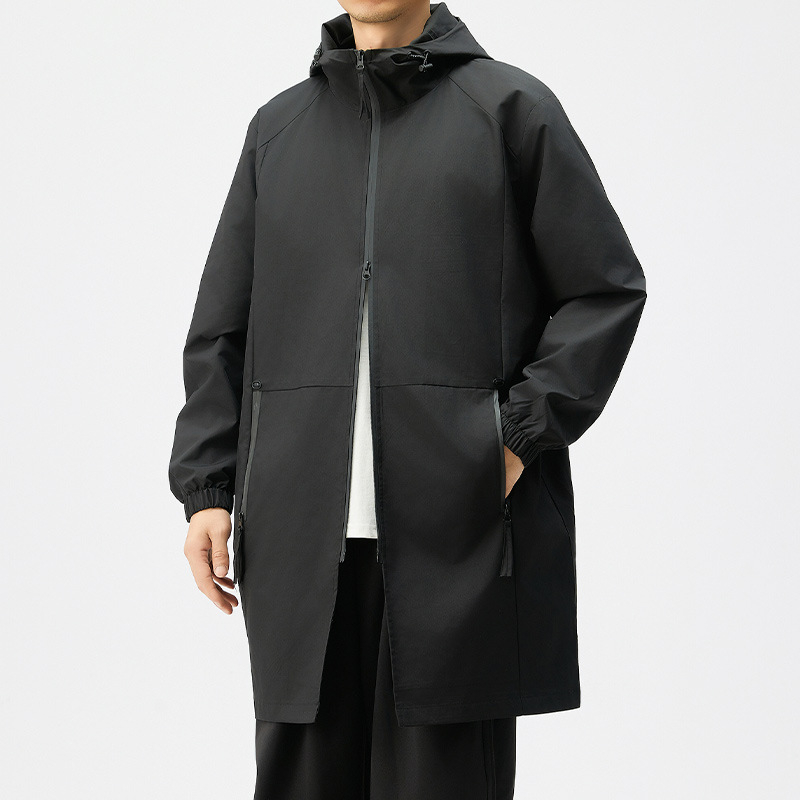 Jachetă windbreaker pentru bărbați, stil commuting, cu glugă, fermoar, croială lejeră, lungime medie
