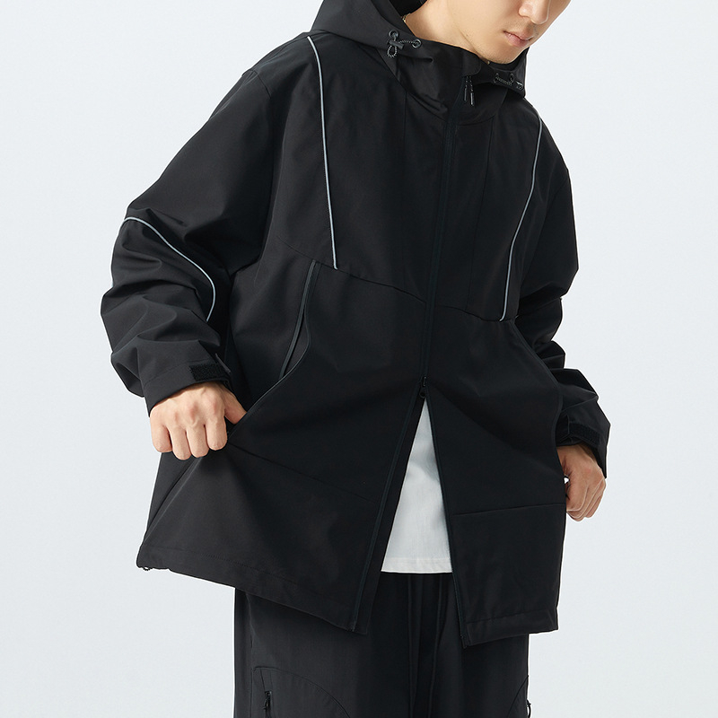 Jachetă de exterior cu glugă - Corduroy material, croială liberă, fermoar, căptușeală poliester, stil casual tineret