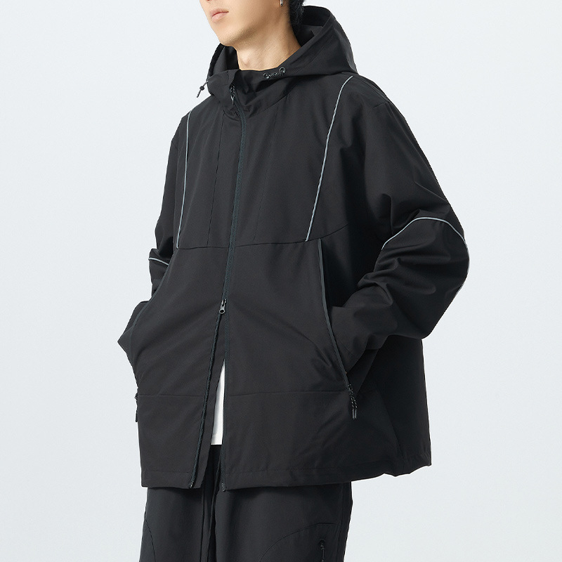 Jachetă de exterior cu glugă - Corduroy material, croială liberă, fermoar, căptușeală poliester, stil casual tineret