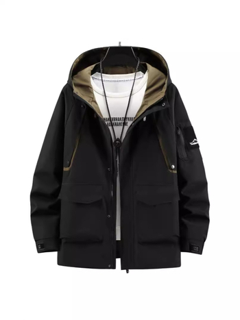 Ανδρικό παλτό με χαλαρή γραμμή, κουκούλα, μακρύ μήκος, τσέπες με patch