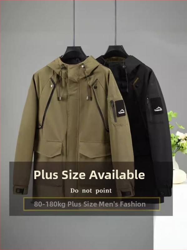 Palton pentru bărbați, croială lejeră, cu glugă, lung, buzunare patch