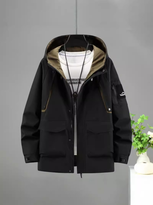 Palton pentru bărbați, croială lejeră, cu glugă, lung, buzunare patch