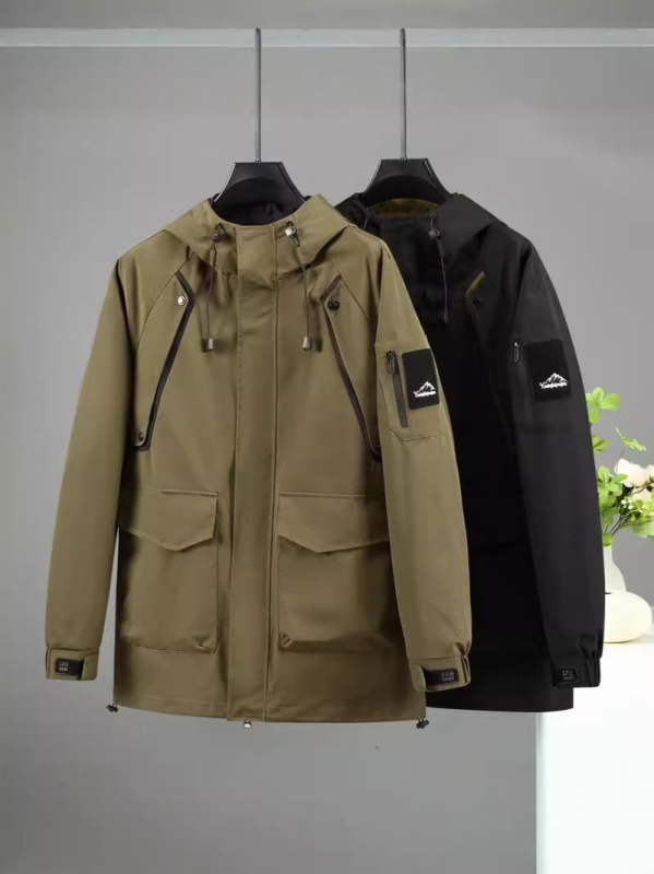 Palton pentru bărbați, croială lejeră, cu glugă, lung, buzunare patch