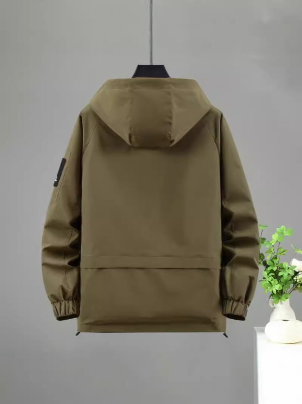 Palton pentru bărbați, croială lejeră, cu glugă, lung, buzunare patch