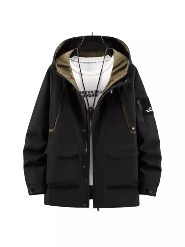 Palton pentru bărbați, croială lejeră, cu glugă, lung, buzunare patch