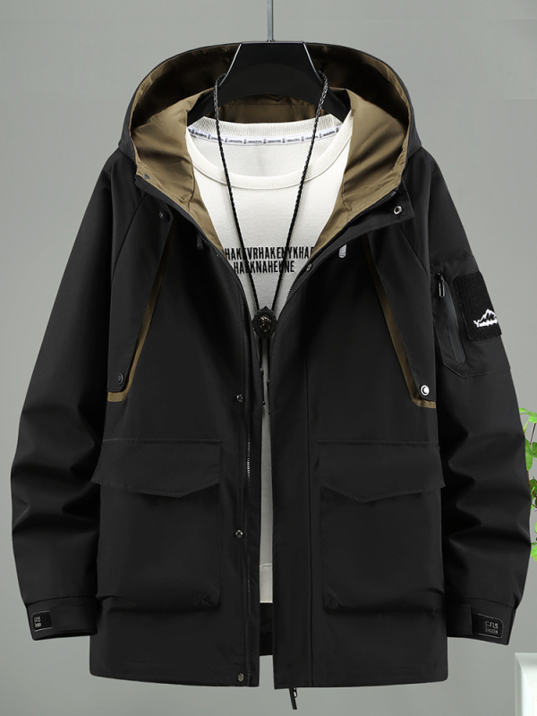 Palton pentru bărbați, croială lejeră, cu glugă, lung, buzunare patch