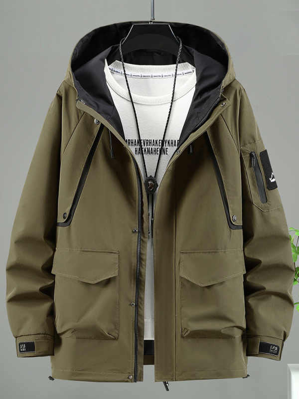 Palton pentru bărbați, croială lejeră, cu glugă, lung, buzunare patch