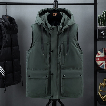 Ανδρικό γιλέκο από βαμβάκι, κορεατικού στυλ καρντιγκάν, χαλαρή γραμμή, κουκούλα, παχιά κατασκευή, επένδυση από πολυεστέρα, με πολλαπλές τσέπες