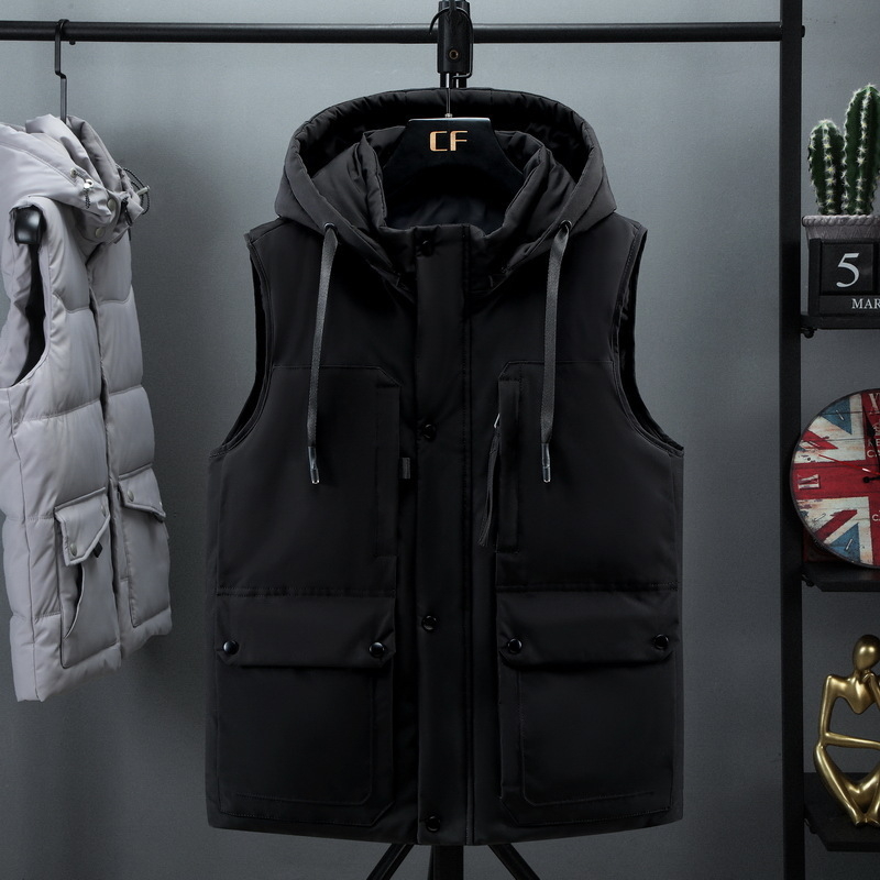 Ανδρικό γιλέκο από βαμβάκι, κορεατικού στυλ καρντιγκάν, χαλαρή γραμμή, κουκούλα, παχιά κατασκευή, επένδυση από πολυεστέρα, με πολλαπλές τσέπες