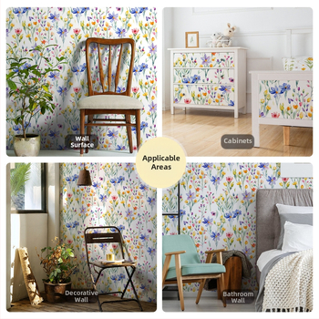Lipnūs PVC tapetai su žalios augalų motyvais ir gėlių šakelėmis, šiuolaikiškas minimalistinis stilius, premium (Funkcija: lipnūs; Medžiaga: PVC; Sluoksnis: PVC; Stilius: modernus minimalistinis; Klasė: premium)