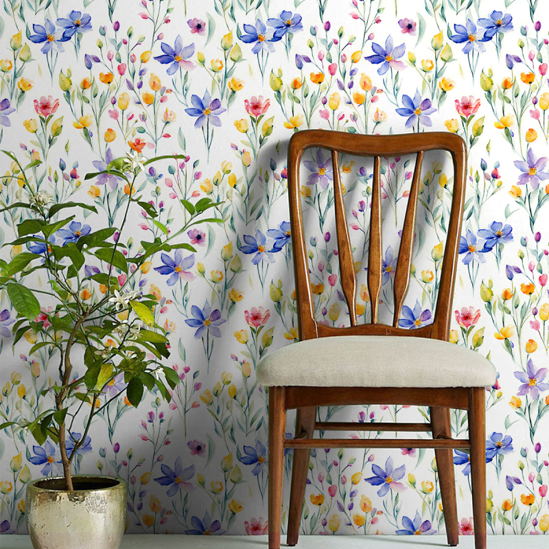 Lipnūs PVC tapetai su žalios augalų motyvais ir gėlių šakelėmis, šiuolaikiškas minimalistinis stilius, premium (Funkcija: lipnūs; Medžiaga: PVC; Sluoksnis: PVC; Stilius: modernus minimalistinis; Klasė: premium)