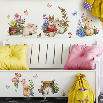 Αυτοκόλλητο τοίχου PVC, αυτοκόλλητο, σε στυλ γκραφίτι, μοτίβες φυτών, λουλουδιών, μανιταριών και κουνελιού, μοτίβο 22995619466, 2 φύλλα, για σαλόνι, υπνοδωμάτιο και μελέτη