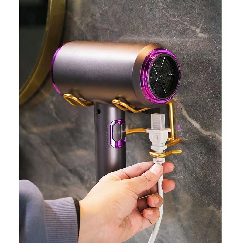 Vonios kambario plaukų džiovintuvo laikiklis – sieninis be gręžimo montavimas, 10 kg apkrova, purškimo dažų danga, modelis Blowing Rack