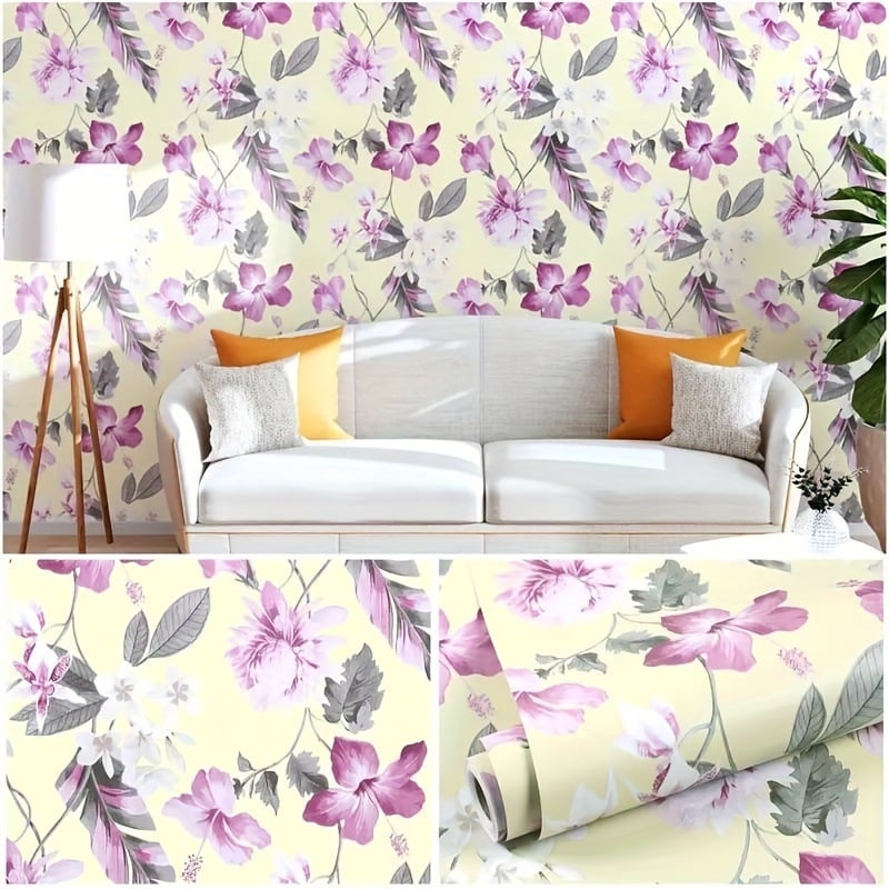 Autocolant de perete PVC impermeabil, autoadeziv, pentru living, model plante cu flori, demontabil, stil modern plat